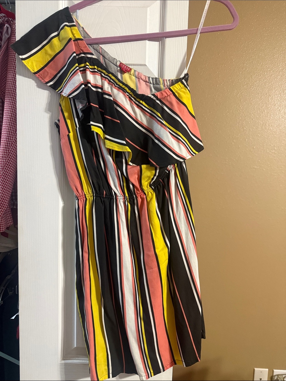 Guess One-Shoulder Striped Mini Dress in Black, Yellow, Coral, White